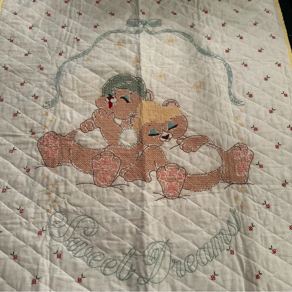 Vintage Cross Stitch Sleeping Bear Sweet Dreams Crib Blanket